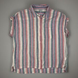 Orvis Womens L Linen Blend Striped Button Sleeveless Multi-Color Top Coastal